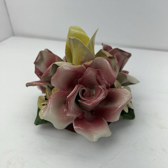 Capodimonte Porcelain Floral Arrangement Flower Basket Italy MCM Pink Yellow - Picture 4 of 15